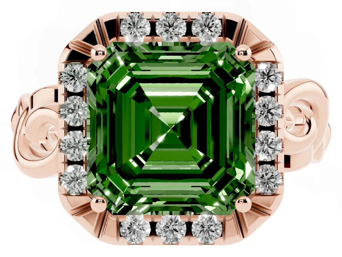 Fancy Green Asscher Cut Cut Halo Diamond Ring with Scrollwork Band and Four-Prong Setting Rose gold