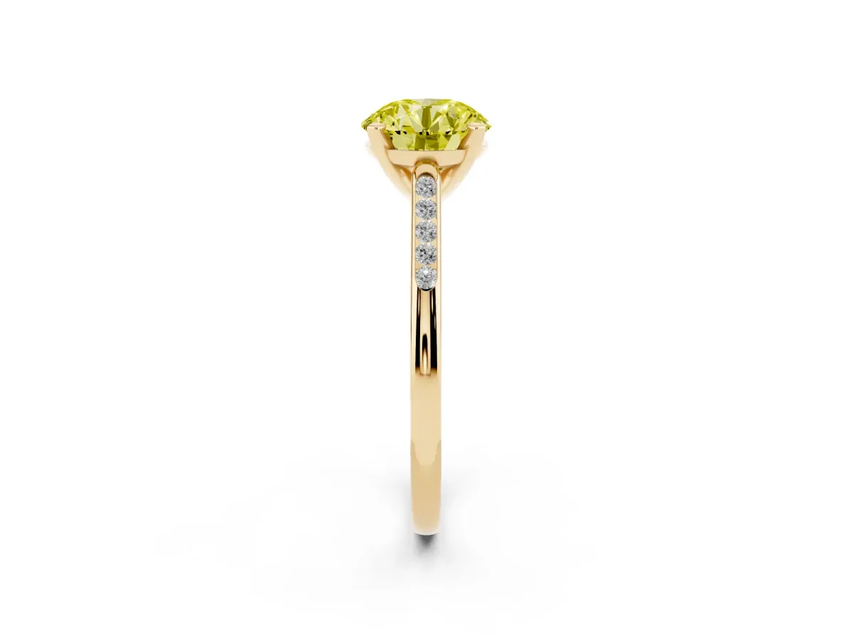 Fancy Yellow Round Cut Diamond Solitaire Ring with Channel Set Round Band and Prong Setting Yellow gold