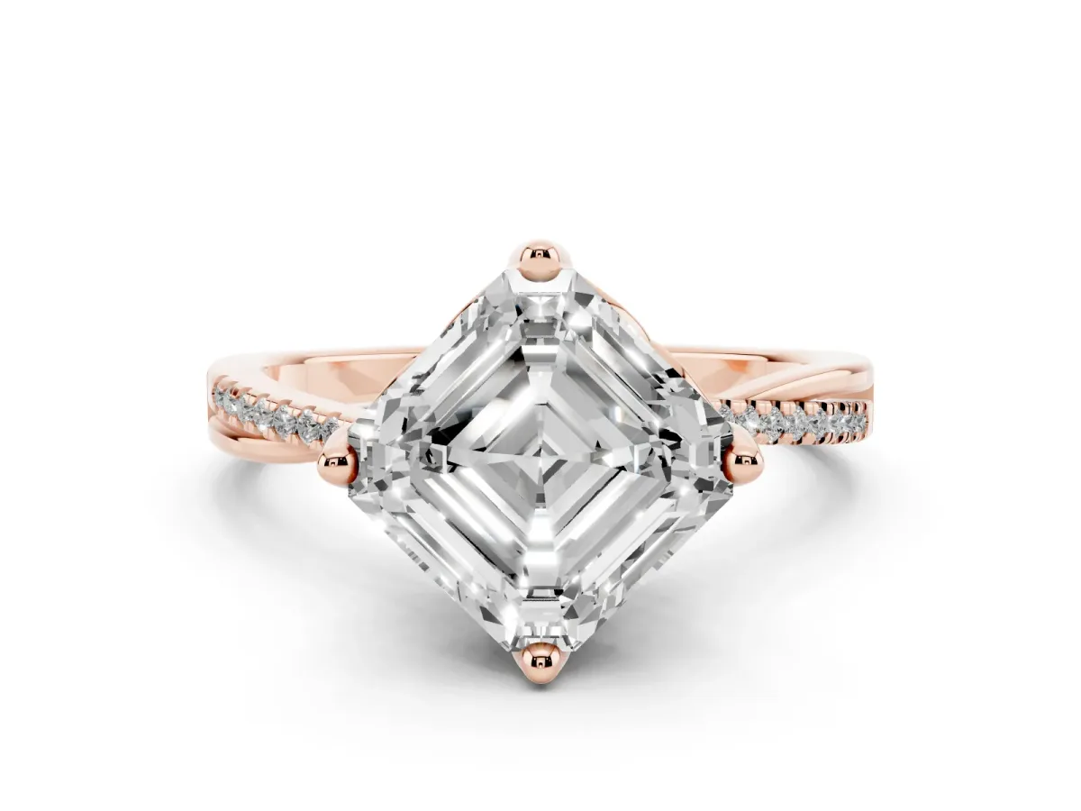 Asscher Cut Solitaire Twist Band with Pavé Diamonds and Four-Prong Setting Rose gold