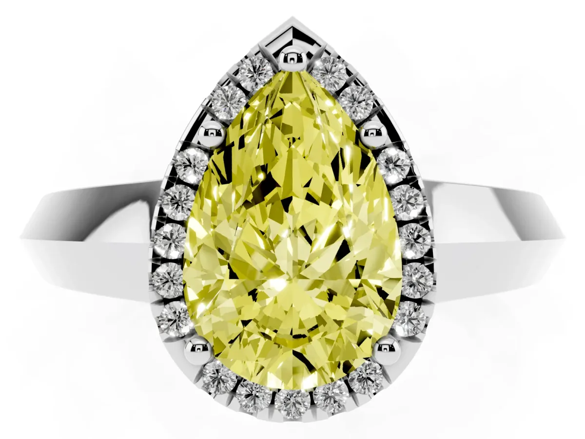 Fancy Yellow Pear Cut Halo Diamond Ring with Cathedral Band and Four-Prong Setting Silver