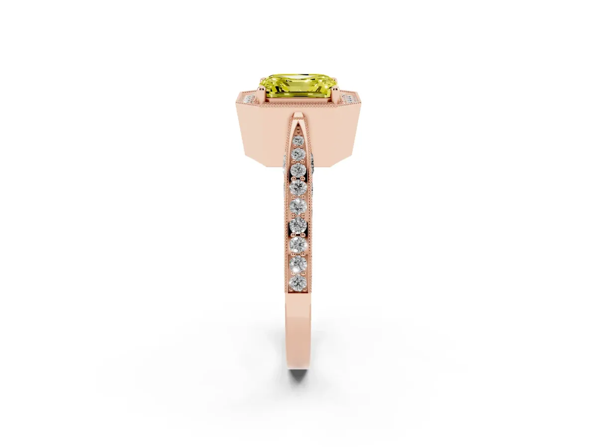Fancy Yellow Asscher Cut Halo Diamond Engagement Ring with Split Shank Band and Four-Prong Setting Rose gold