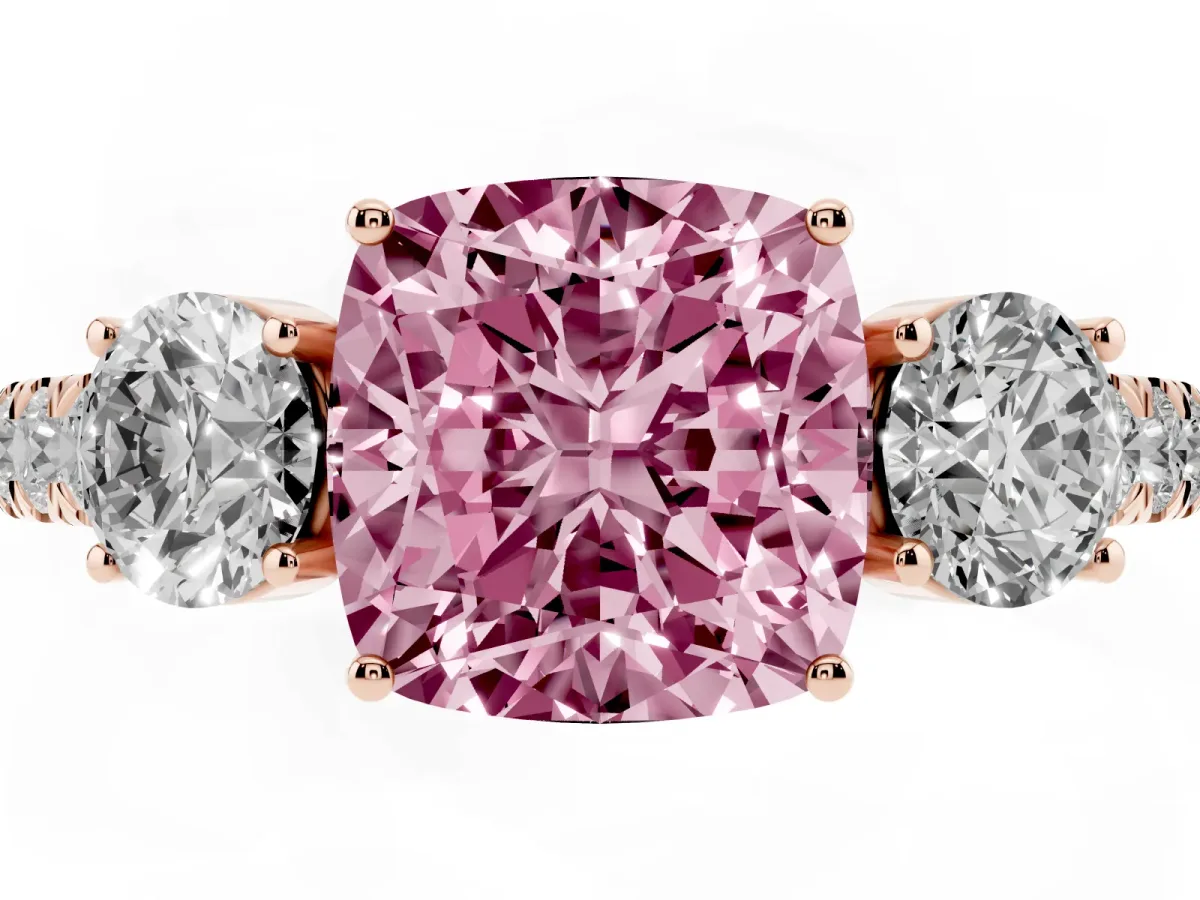 Fancy Pink Cushion Cut Cut Diamond Three-Stone Ring with Round Side Stones and Pavé Band Rose gold
