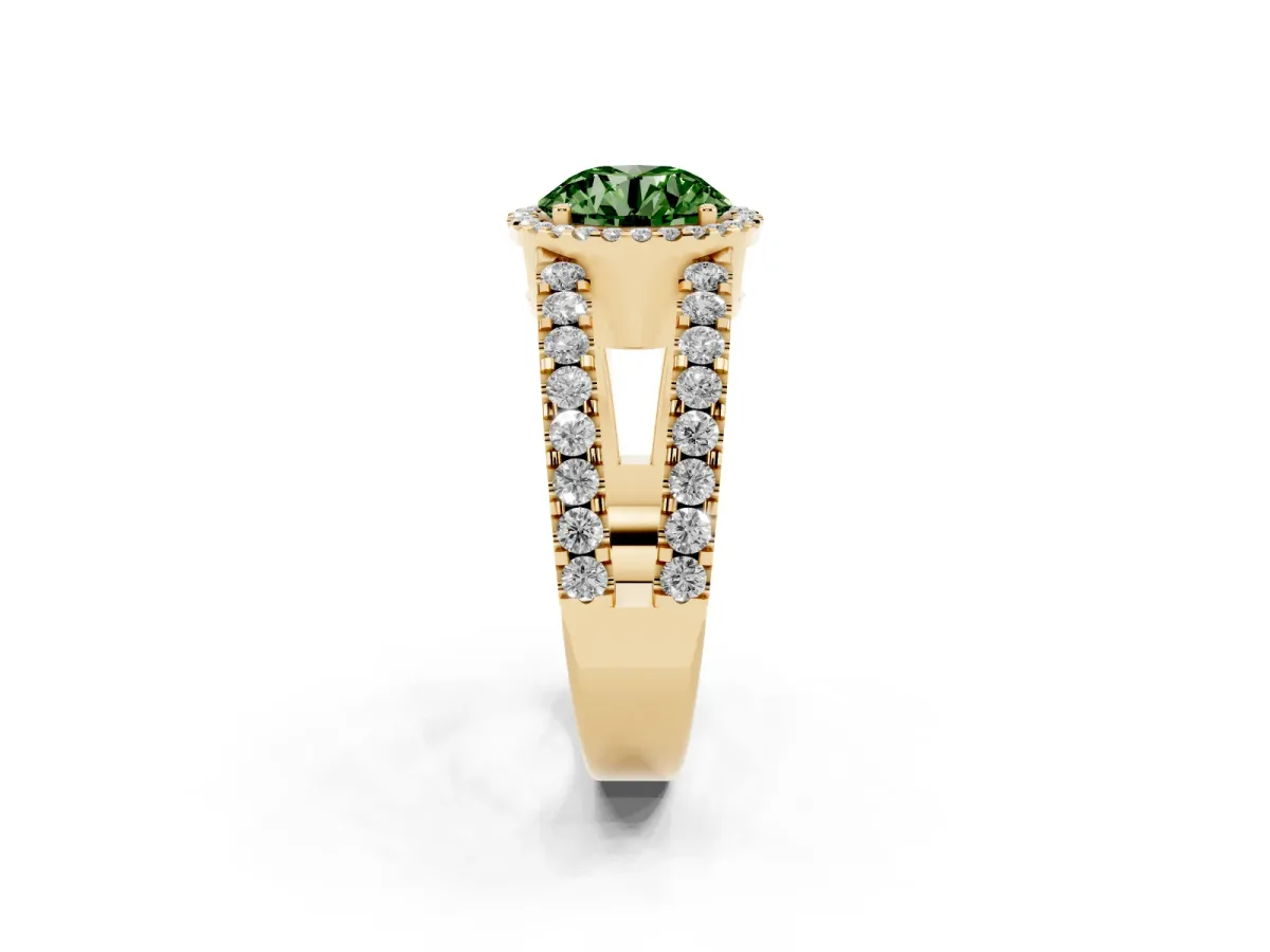 Fancy Green Round Cut Cut Halo Split Shank Diamond Ring with Four-Prong Setting Yellow gold