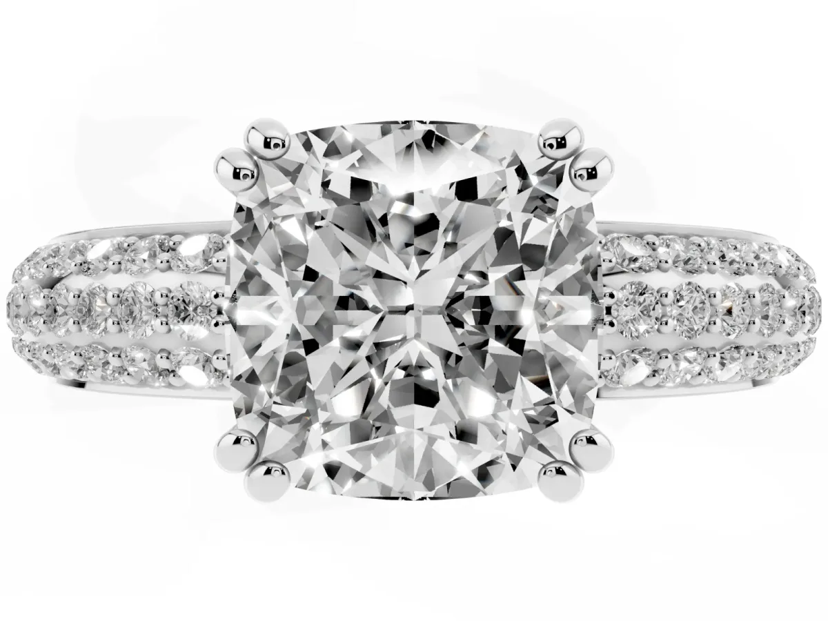 Cushion Cut Diamond Solitaire Ring with Multi-Row Round Pavé Band and Prong Setting Silver