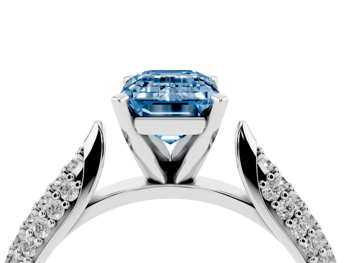 Fancy Blue Emerald Cut Diamond Solitaire Engagement Ring with Multi-Row Round Pavé Band and Prong Setting Silver