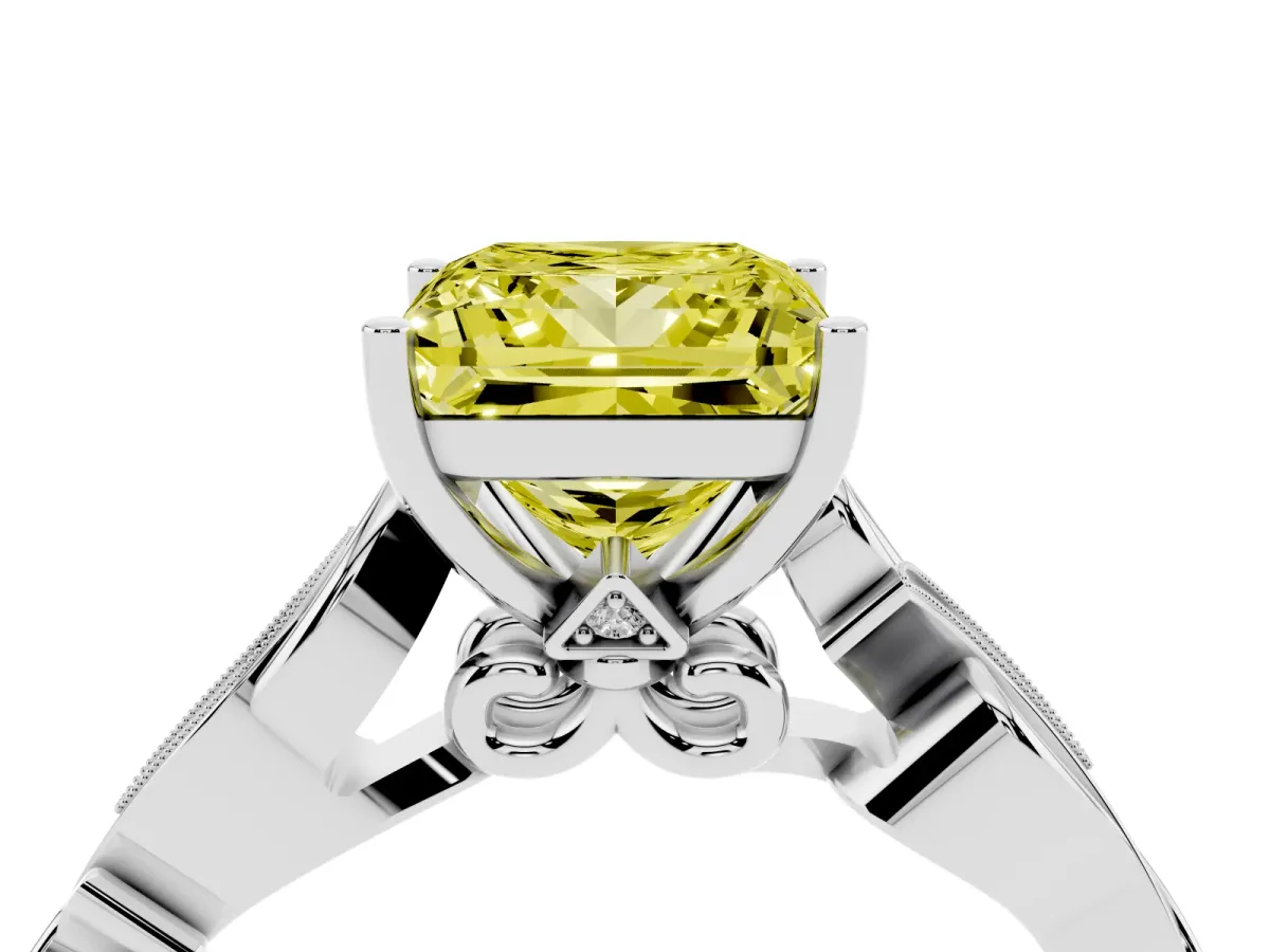 Fancy Yellow Princess Cut Solitaire Vine Band with Milgrain Prong Setting Silver