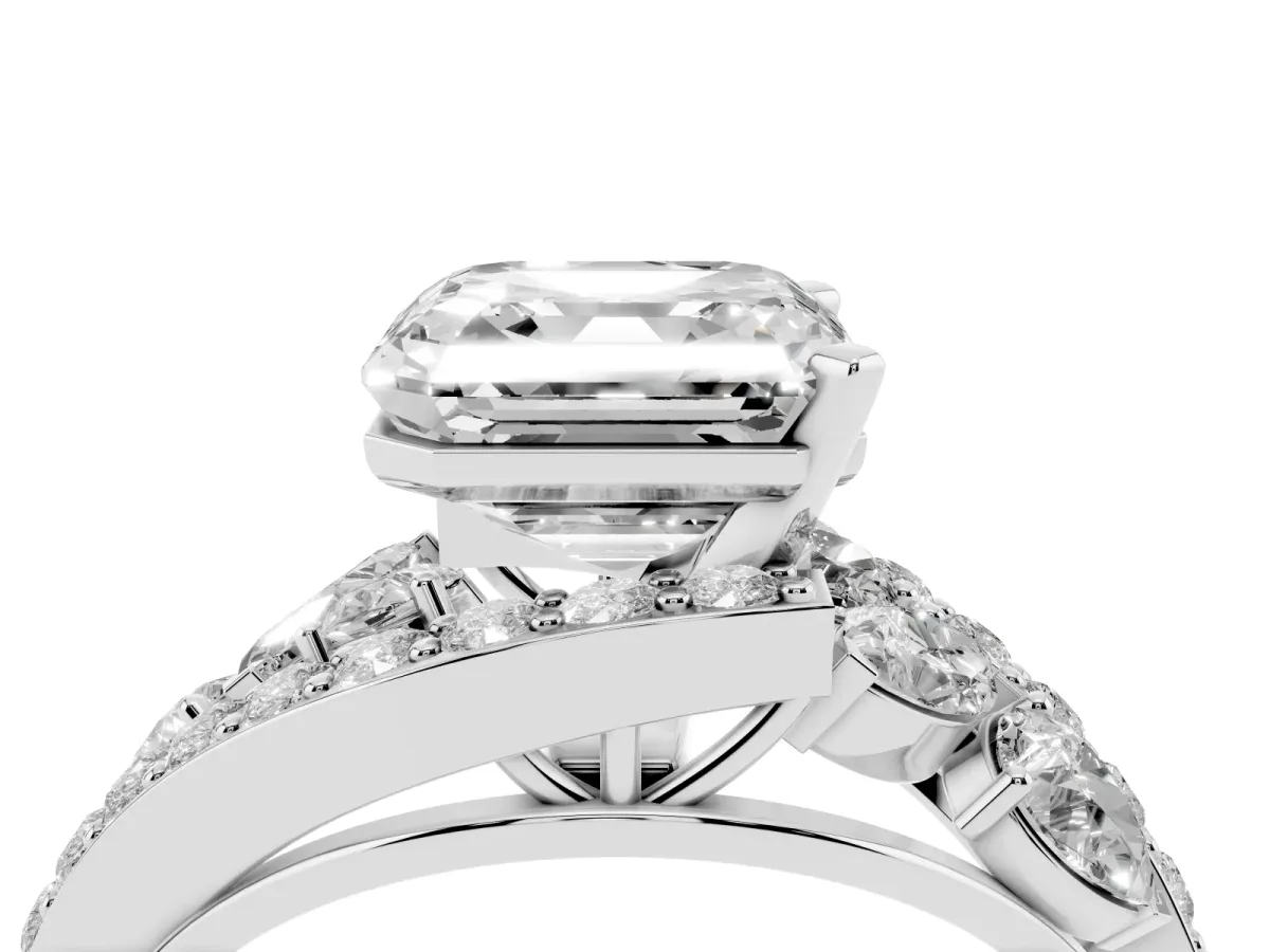 Asscher Cut Diamond Halo Ring with Marquise and Pavé Band in Prong Setting Platinum
