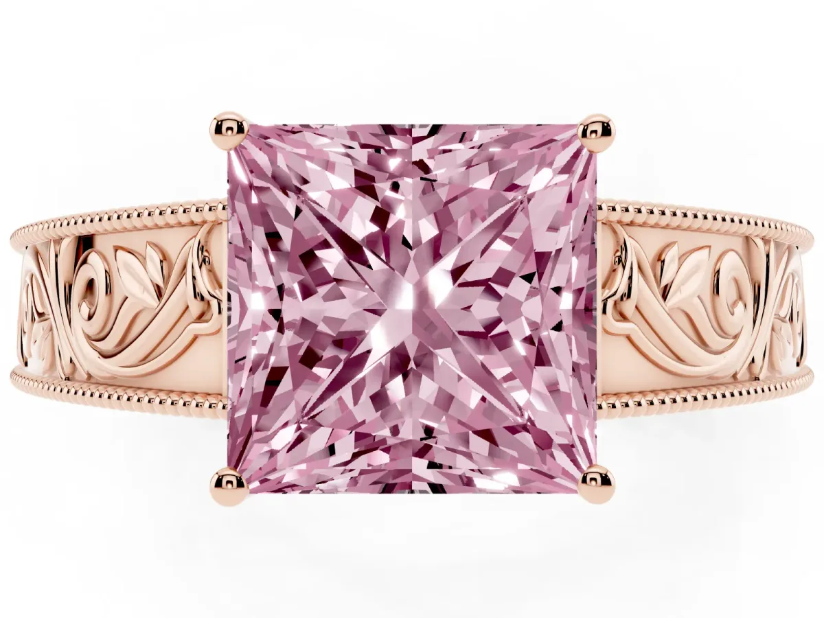 Fancy Pink Princess Cut Diamond Solitaire Ring with Engraved Band and Four-Prong Setting Rose gold