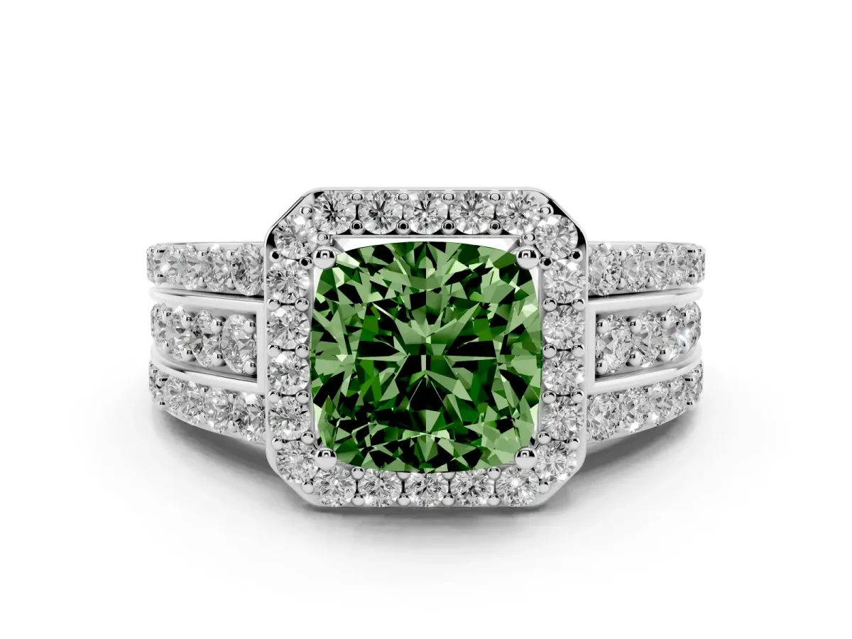 Fancy Green Cushion Cut Halo Diamond Ring with Round Split Shank and Prong Setting Silver