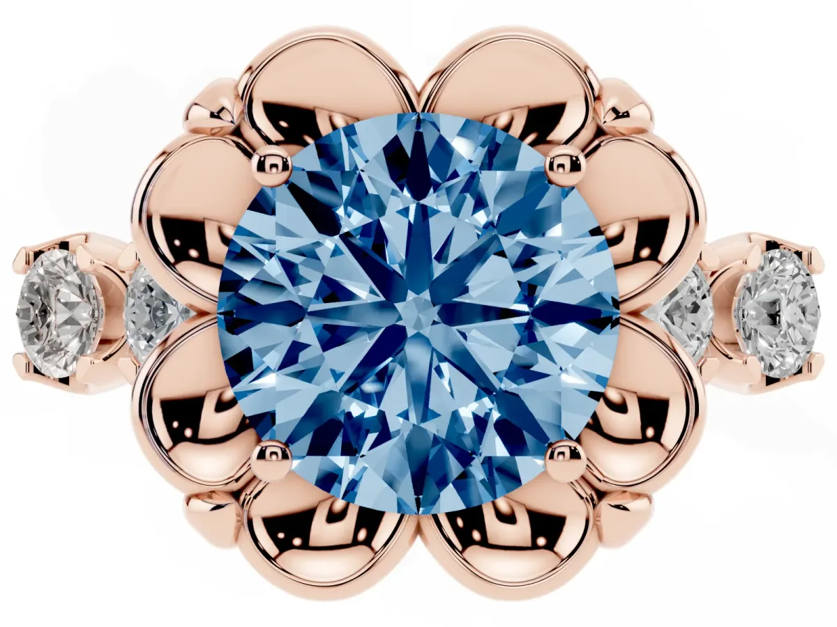 Fancy Blue Round Cut Cut Diamond Floral Halo Engagement Ring with Shared Prong Setting Rose gold