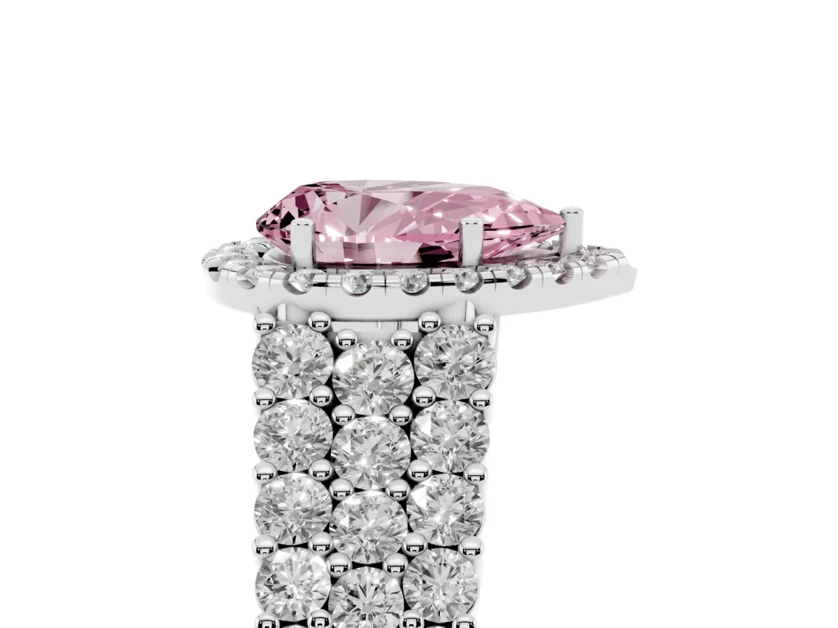 Fancy Pink Pear Cut Diamond Halo Engagement Ring with Triple Row Round Pavé Band and Prong Setting Silver
