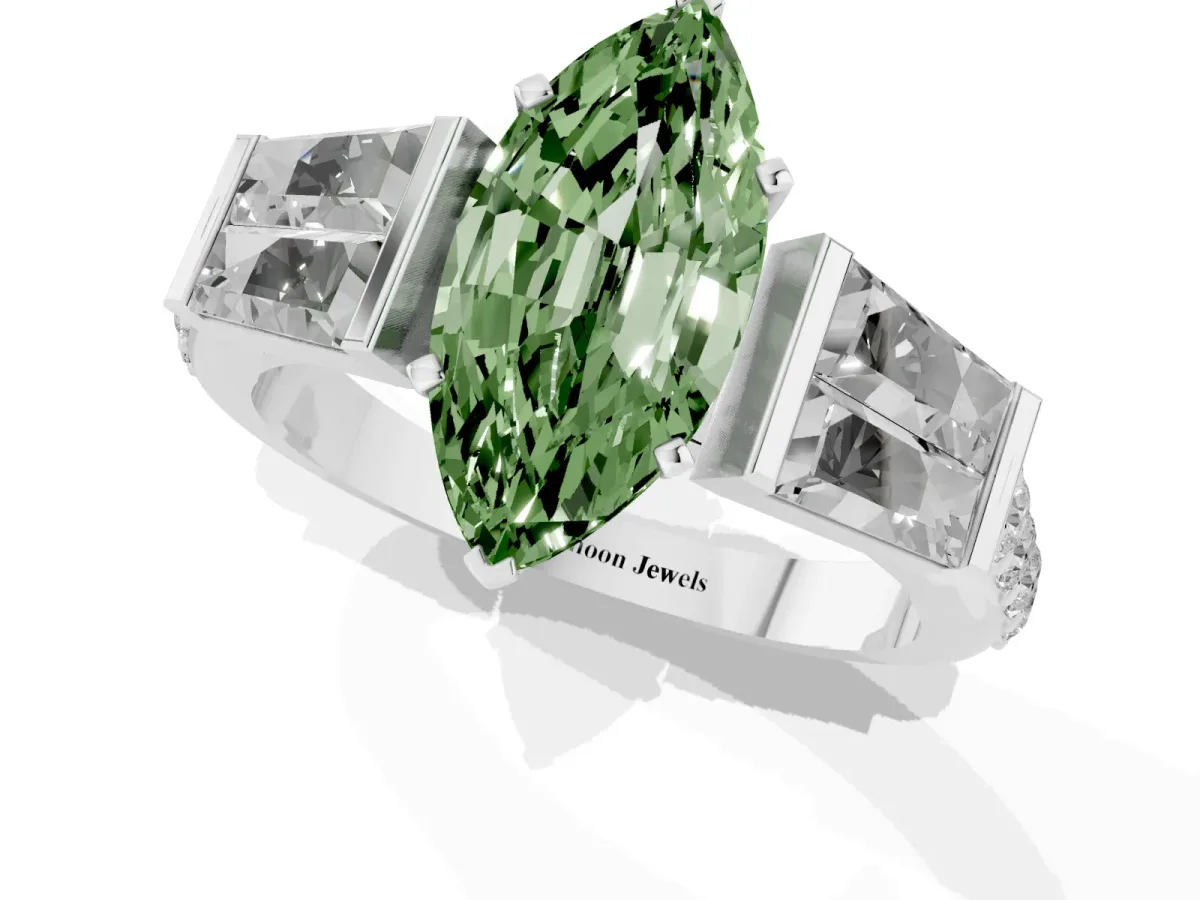 Fancy Green Marquise Cut Diamond Engagement Ring with Baguette Side Stones and Channel Set Band Silver