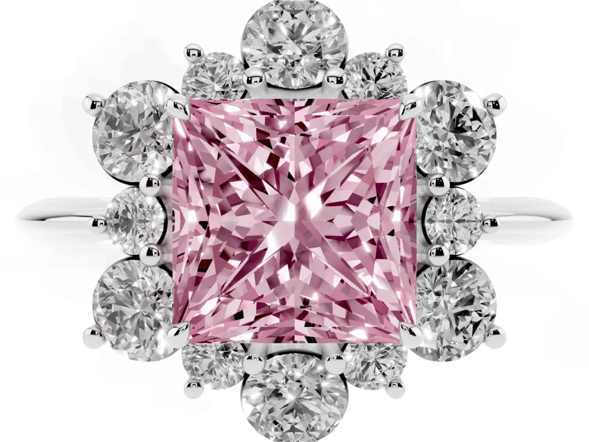 Fancy Pink Princess Cut Diamond Cluster Halo Ring with Solitaire Band and Four-Prong Setting Platinum