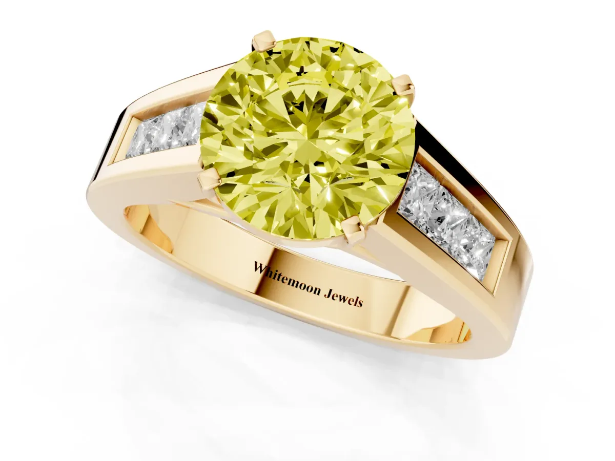 Fancy Yellow Round Cut Cut Channel Set Solitaire Ring with Four-Prong Setting Yellow gold