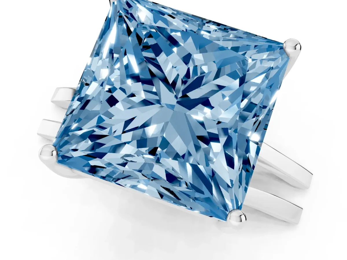 Fancy Blue Princess Cut Cut Diamond Solitaire Engagement Ring with Tapered Plain Band and Four-Prong Setting White gold