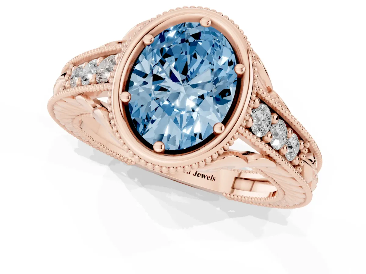 Fancy Blue Bezel Set Oval Cut Diamond Milgrain Pave Engagement Ring Rose gold