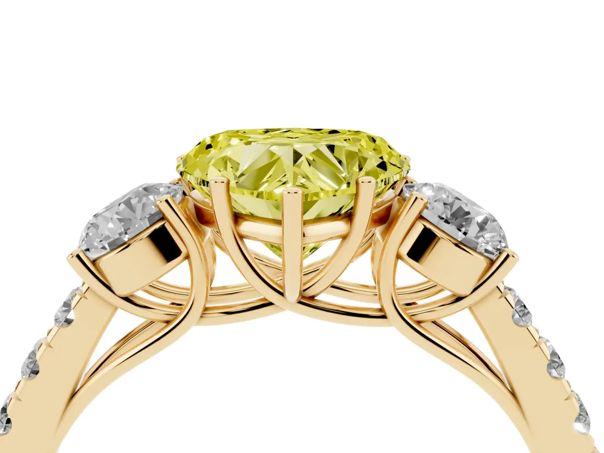 Fancy Yellow Heart Cut Cut Diamond Three-Stone Ring with Round Side Stones and Pavé Band Yellow gold