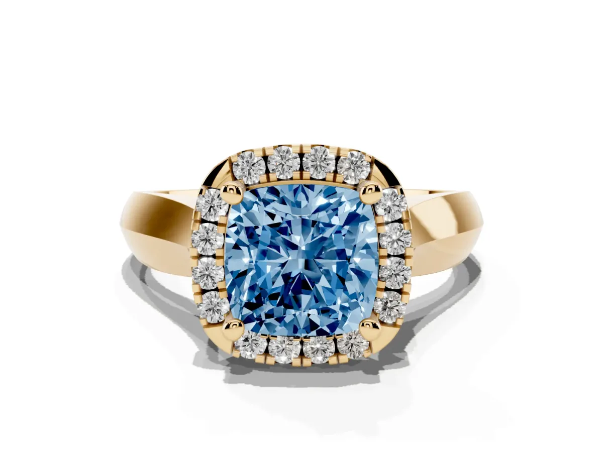 Fancy Blue Cushion Cut Cut Halo Solitaire Engagement Ring with Square Band and Four-Prong Setting Yellow gold