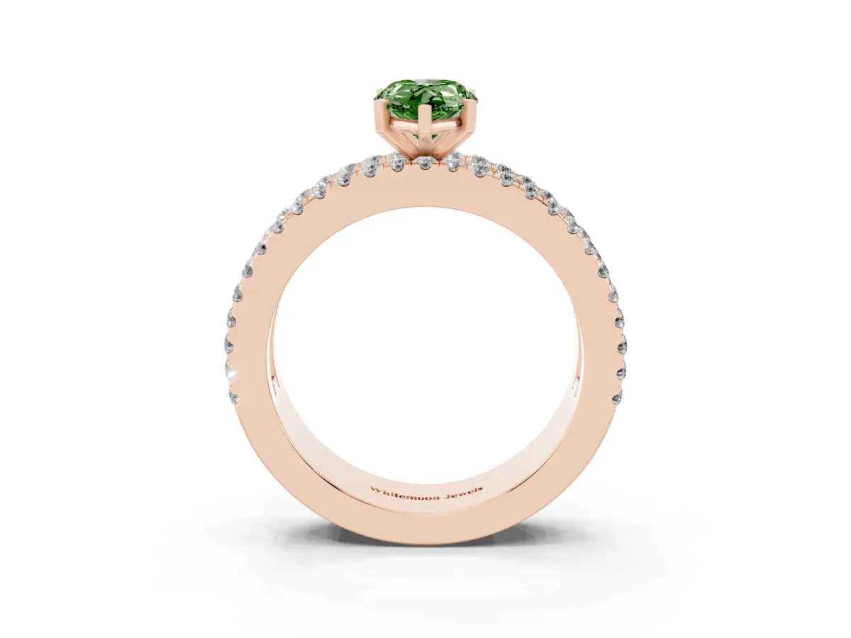 Fancy Green Pear Cut Diamond Solitaire Ring with Pavé and Channel Set Band Rose gold