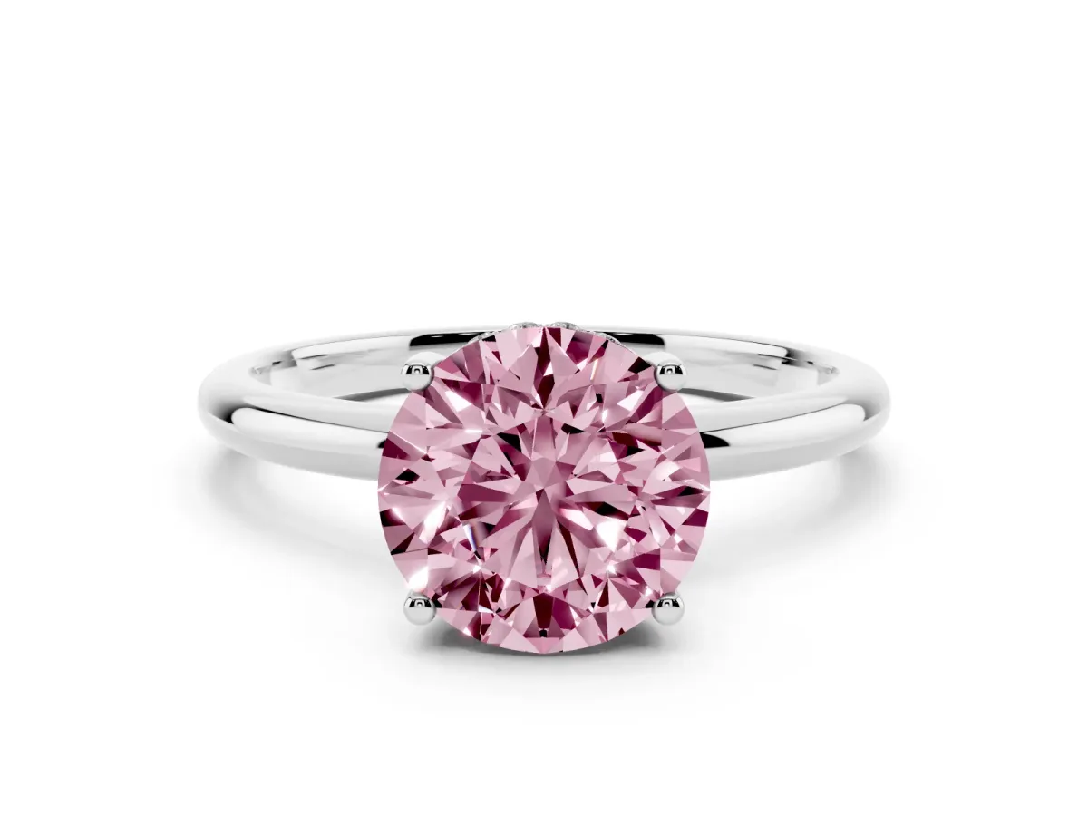 Fancy Pink Round Cut Cut Solitaire Engagement Ring with Four-Prong Setting and Classic Band Silver