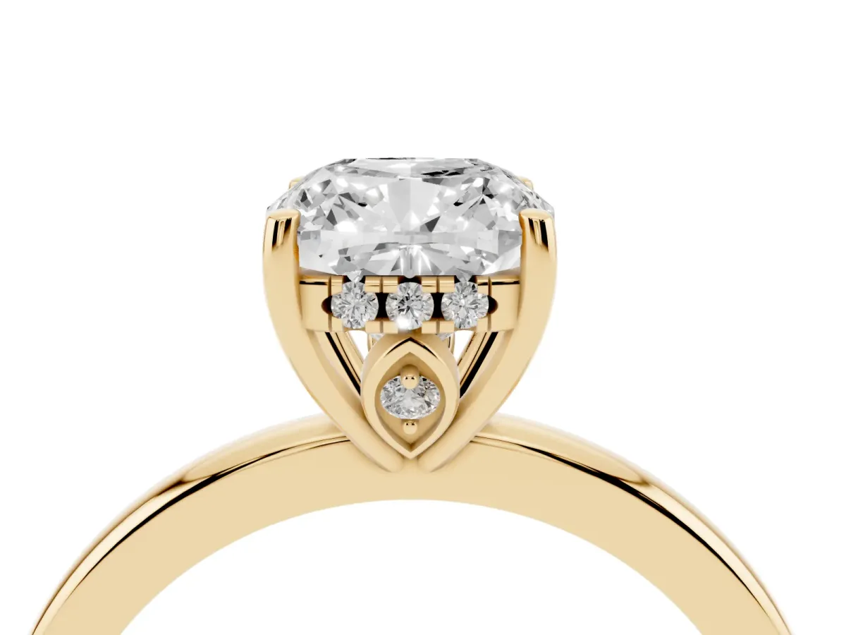 Cushion Cut Solitaire Diamond Ring with Prong Setting and Plain Band Yellow gold