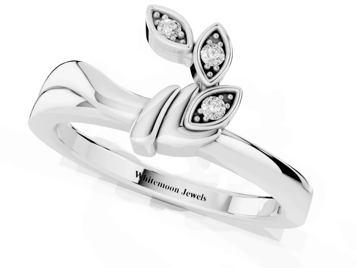 Three-Stone Round Diamond Leaf Bypass Ring with Bezel Setting Platinum
