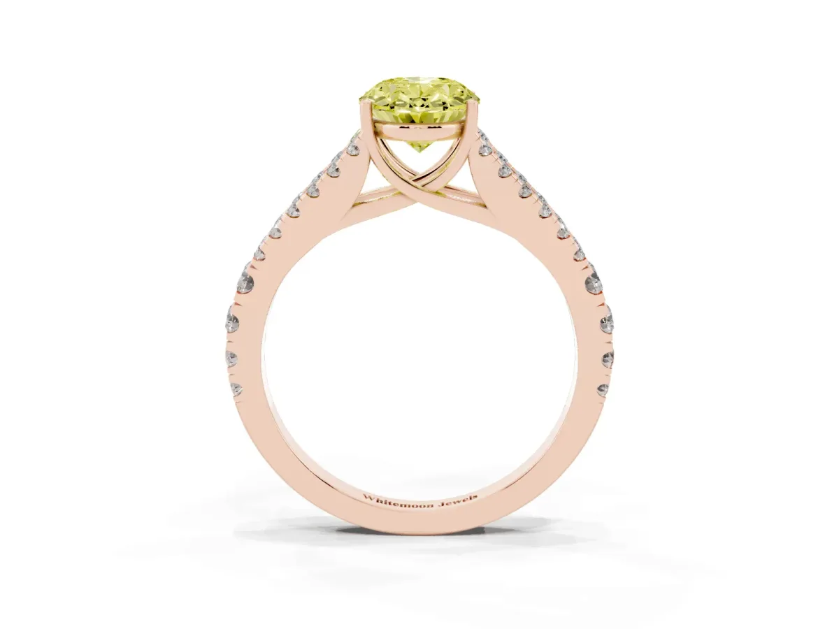 Fancy Yellow Oval Cut Diamond Split Shank Pavé Engagement Ring with Four-Prong Setting Rose gold