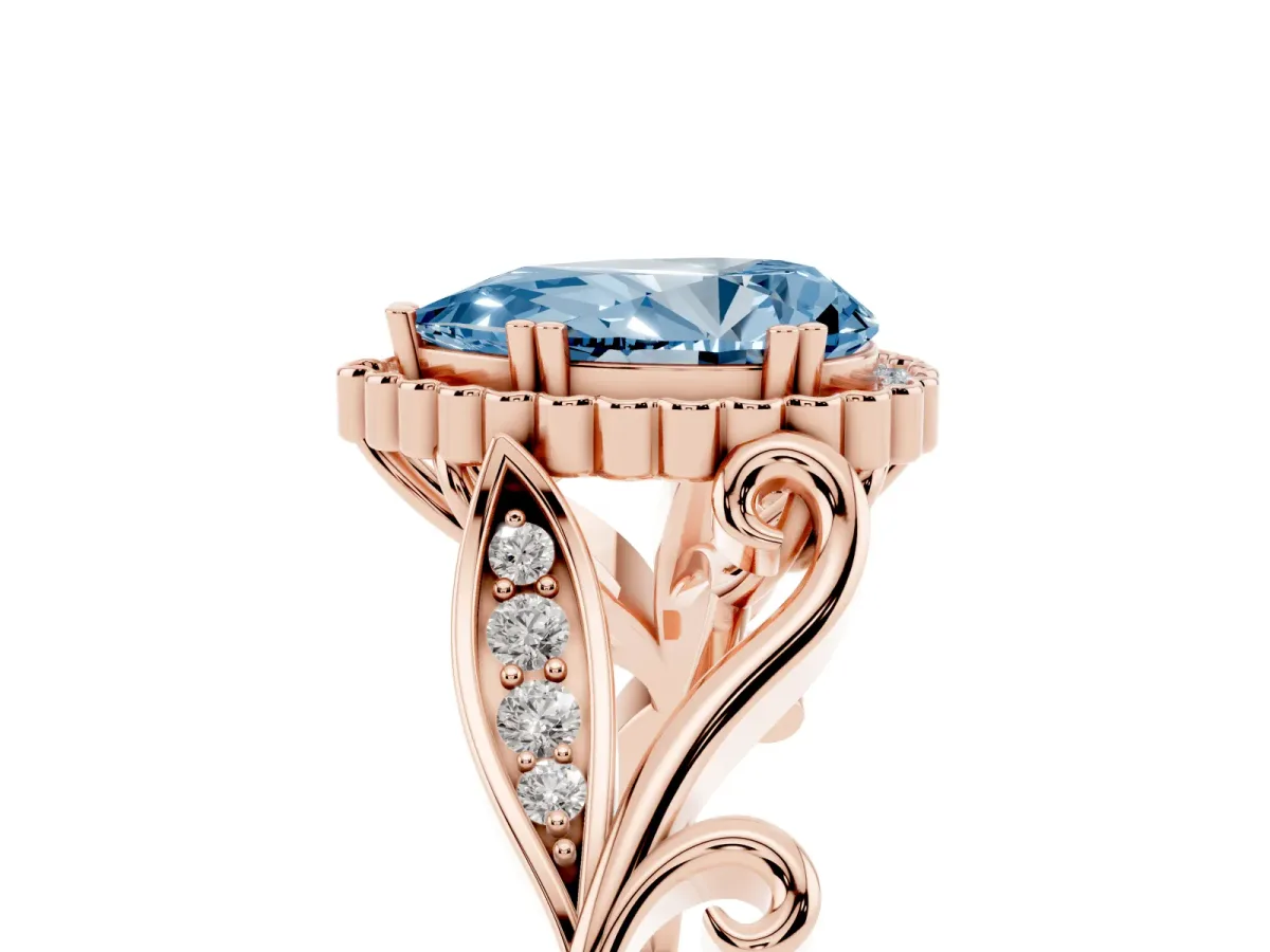 Fancy Blue Pear Cut Diamond Halo Ring with Vintage Split Shank and Four-Prong Setting Rose gold