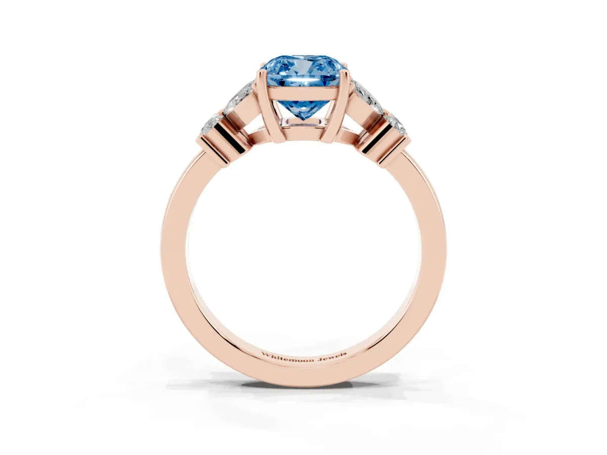 Fancy Blue Cushion Cut Diamond Floral Cluster Ring with Solitaire Band and Prong Setting Rose gold