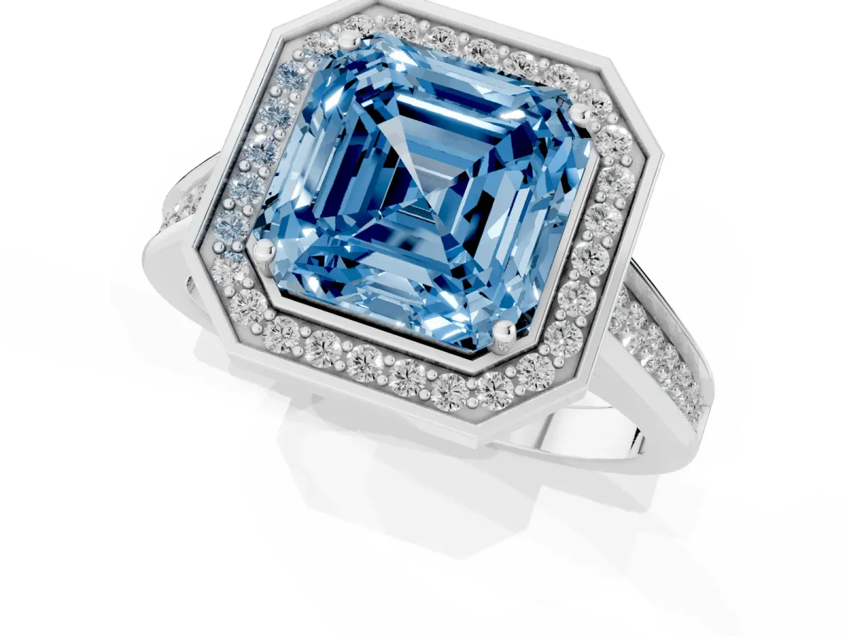 Fancy Blue Asscher Cut Halo Solitaire Diamond Ring with Pave Band and Bezel Setting Silver