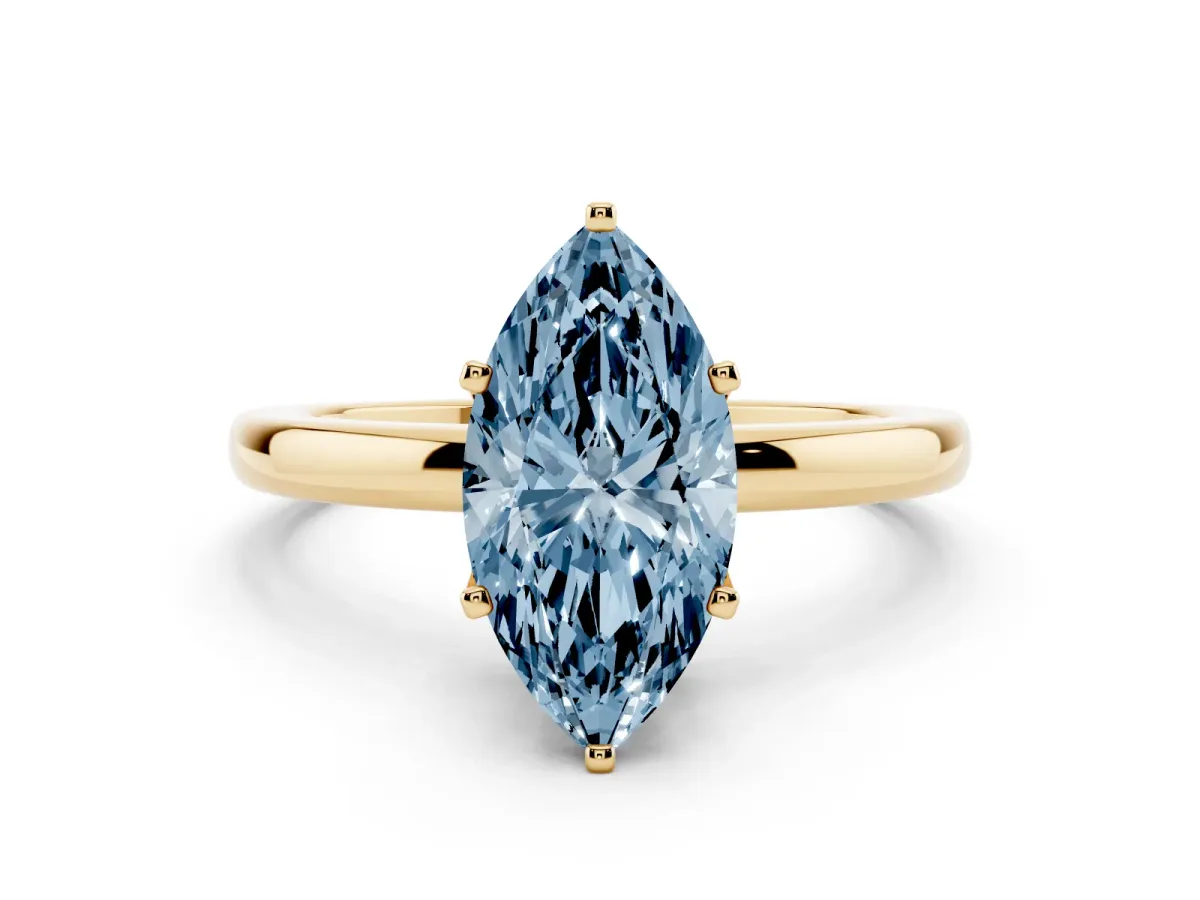 Fancy Blue Marquise Cut Solitaire Diamond Ring with Six-Prong Setting on a Classic Band Yellow gold