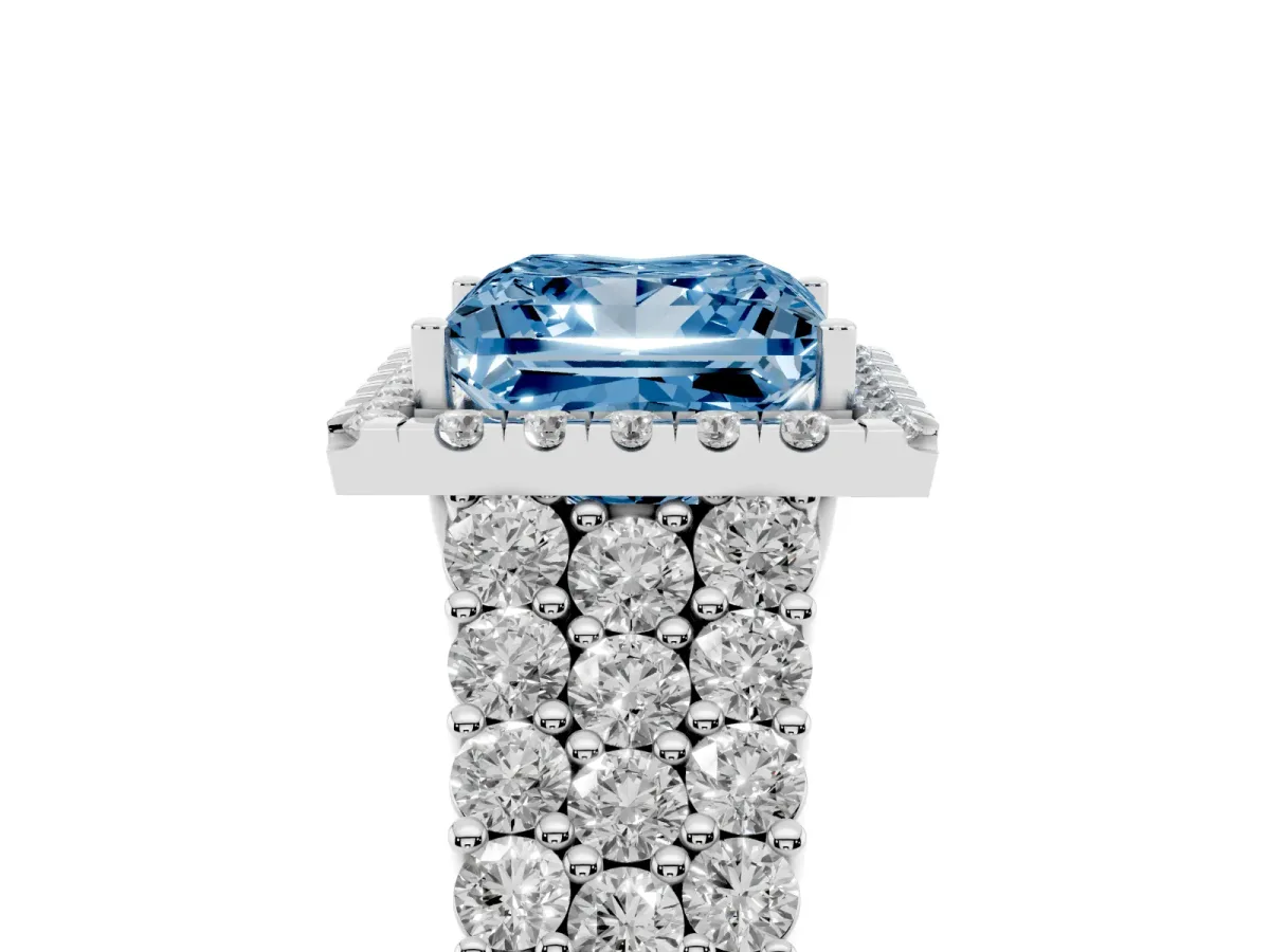Fancy Blue Princess Cut Diamond Halo Engagement Ring with Triple Row Round Pavé Band and Prong Setting Silver