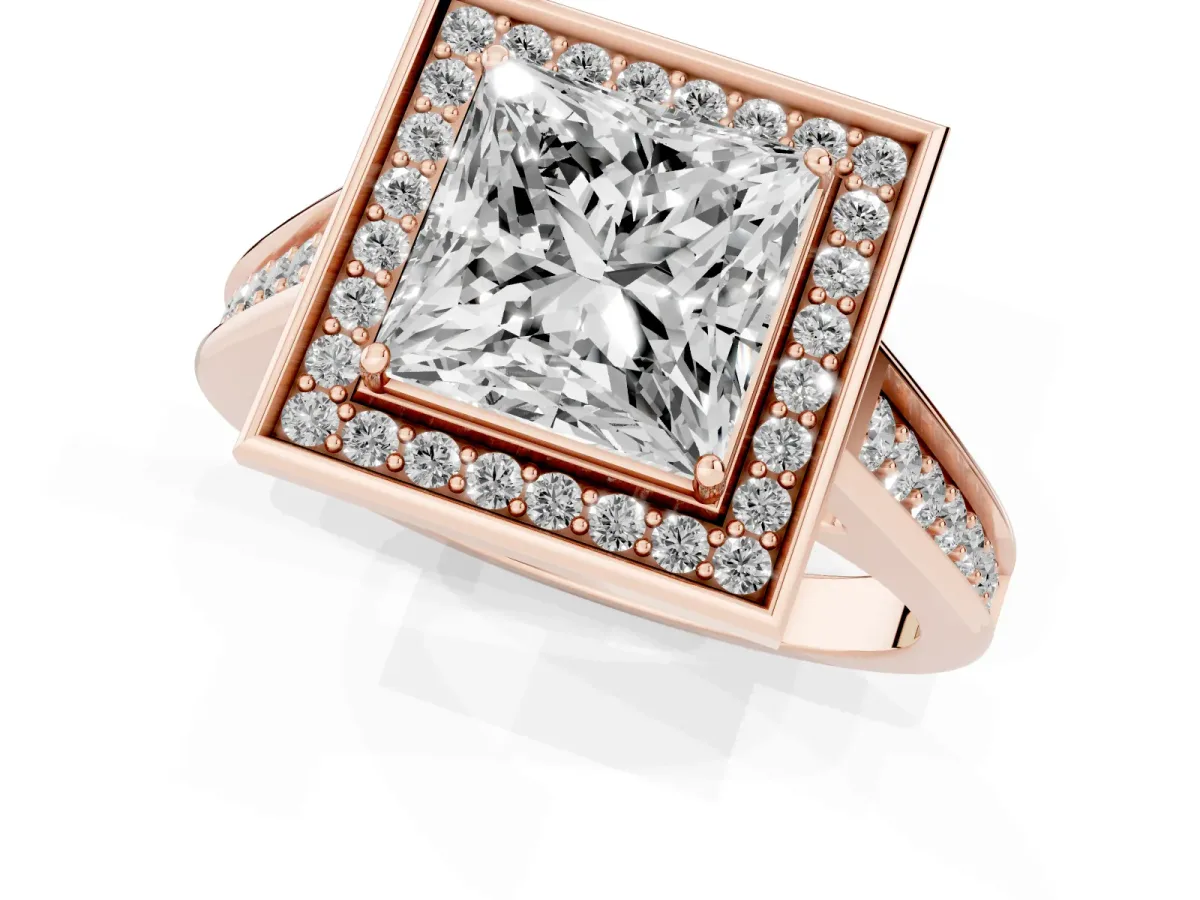 Princess Cut Halo Solitaire Diamond Ring with Pave Band and Bezel Setting Rose gold