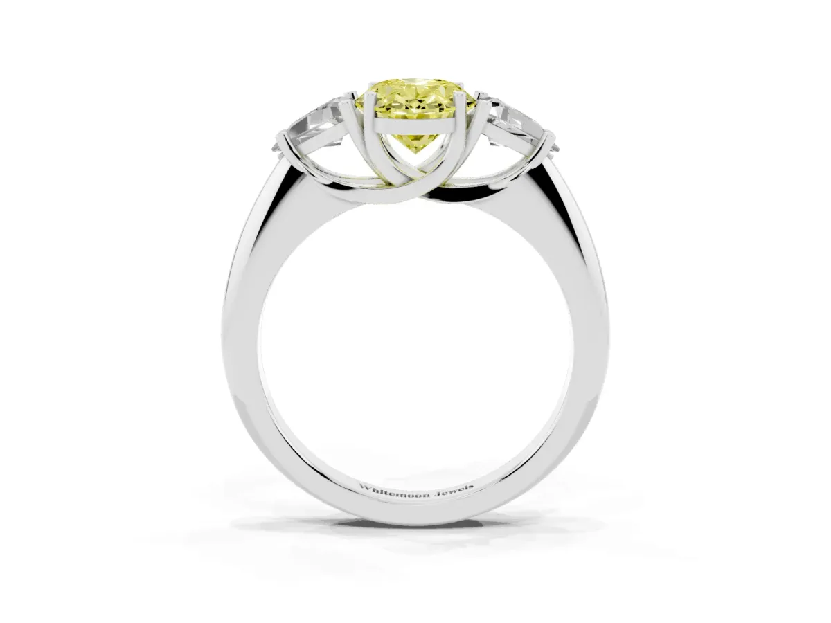 Fancy Yellow Three-Stone Oval Cut Diamond Engagement Ring with Trillion Side Stones and Prong Setting Silver