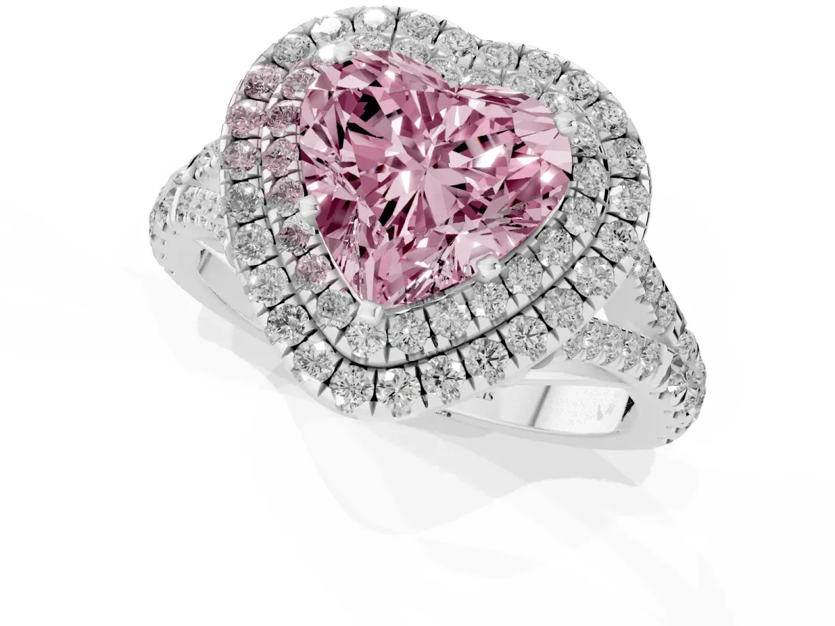 Fancy Pink Double Halo Heart Cut Diamond Split Shank Engagement Ring with Four-Prong Setting White gold