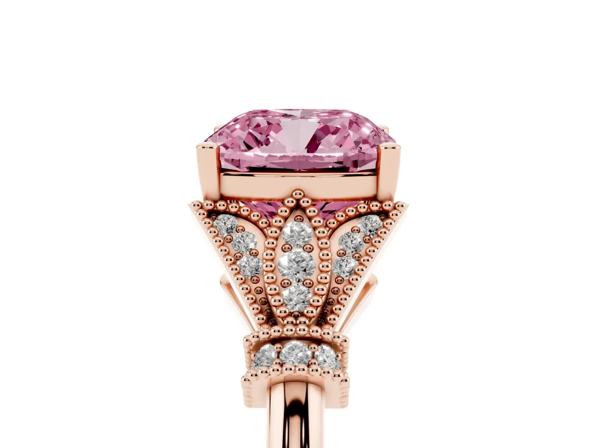 Fancy Pink Cushion Cut Diamond Solitaire Ring with Floral Filigree and Pave Accents Rose gold