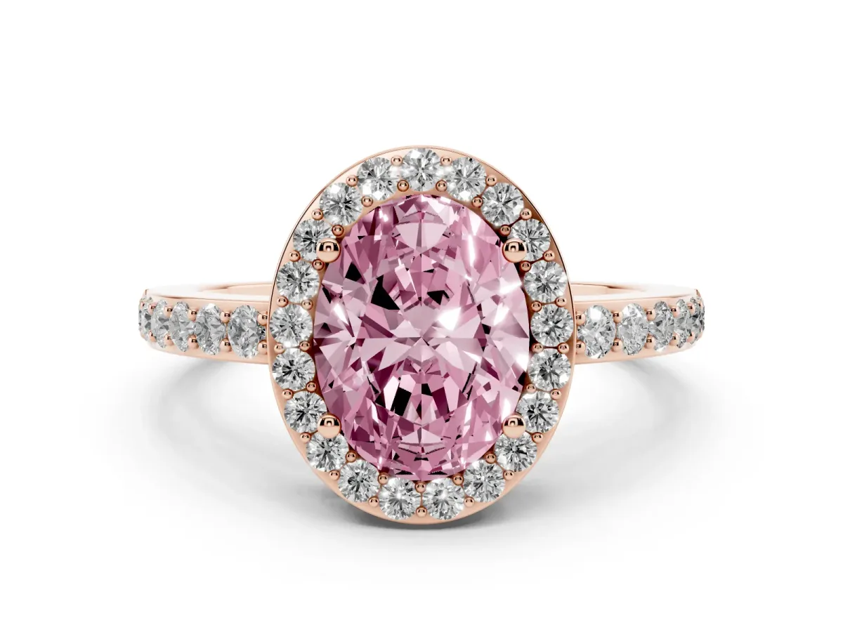 Fancy Pink Oval Cut Halo Diamond Pavé Band Ring with Prong Setting Rose gold