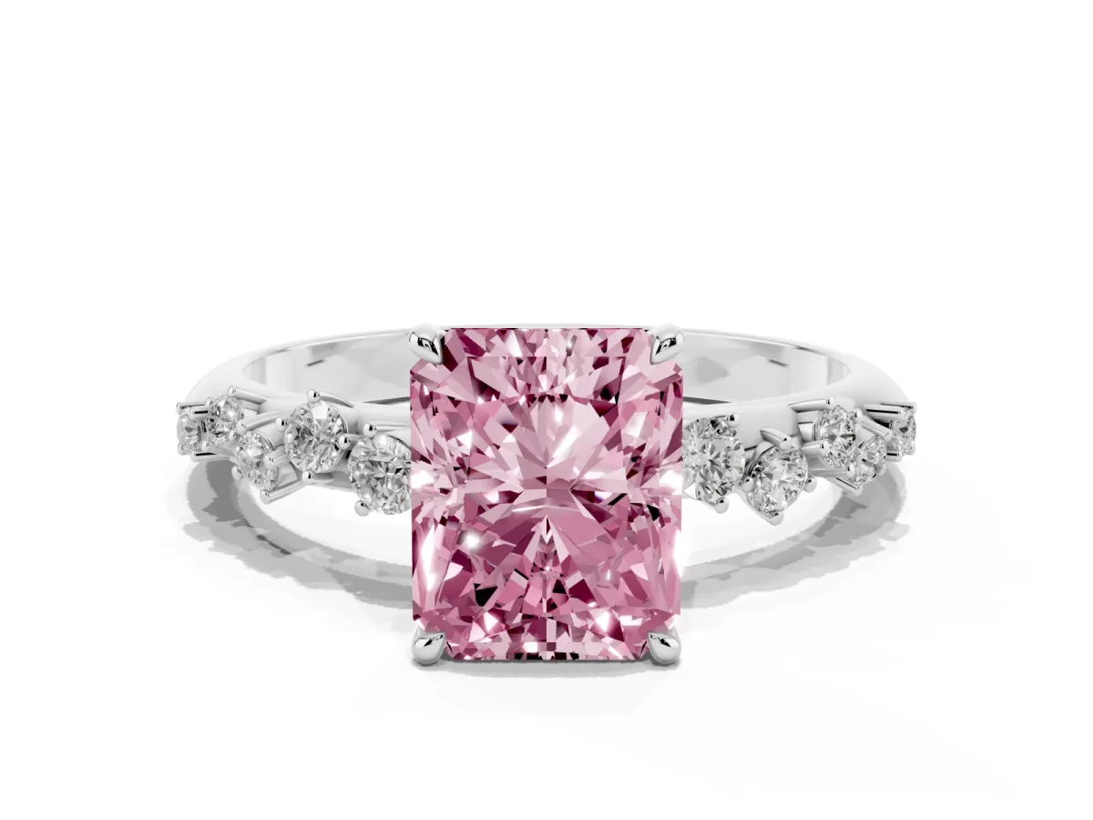 Fancy Pink Radiant Cut Diamond Cluster Side Stone Solitaire Ring with Prong Setting Platinum