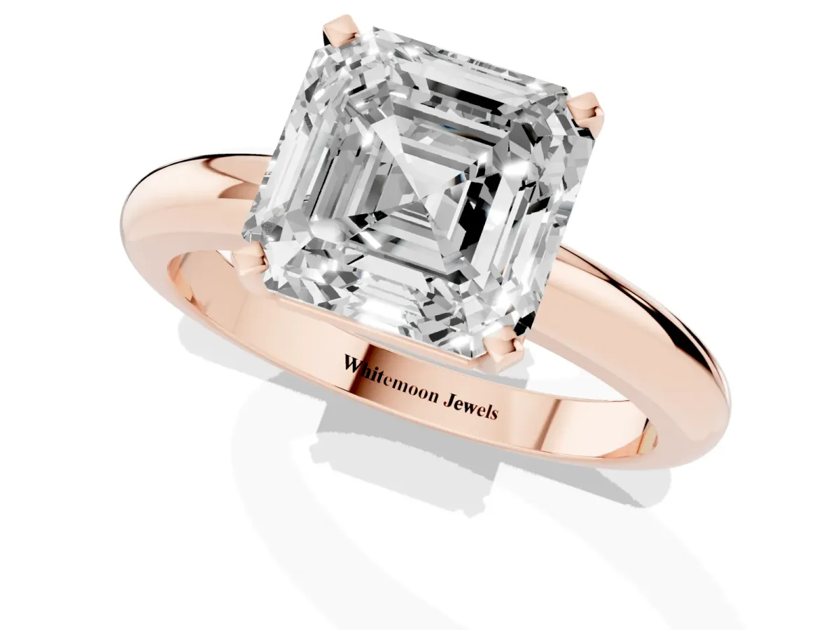 Asscher Cut Diamond Solitaire Engagement Ring with Round Band and Four-Prong Setting Rose gold