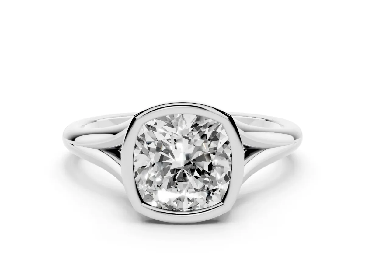 Bezel Set Cushion Cut Cut Solitaire Ring with Tapered Band Silver
