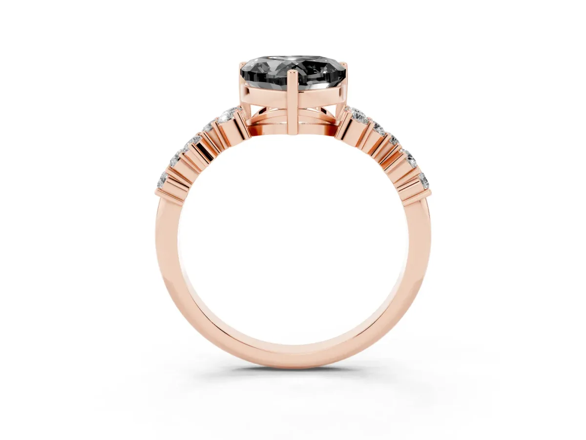 Fancy Black Heart Cut Diamond Scattered Round Accent Ring with Prong Setting Rose gold