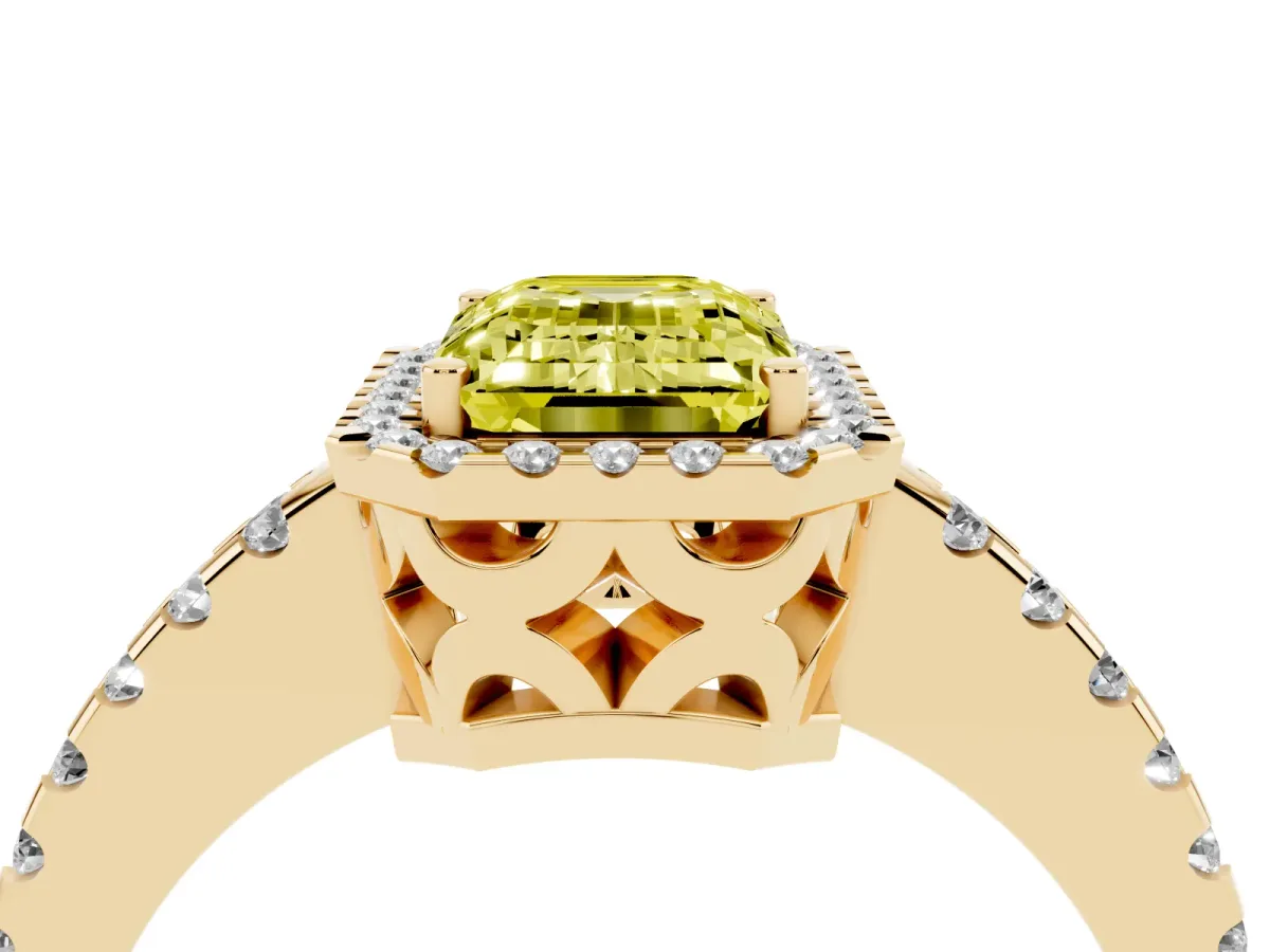 Fancy Yellow Emerald Cut Diamond Halo Engagement Ring with Pavé Band and Prong Setting Yellow gold