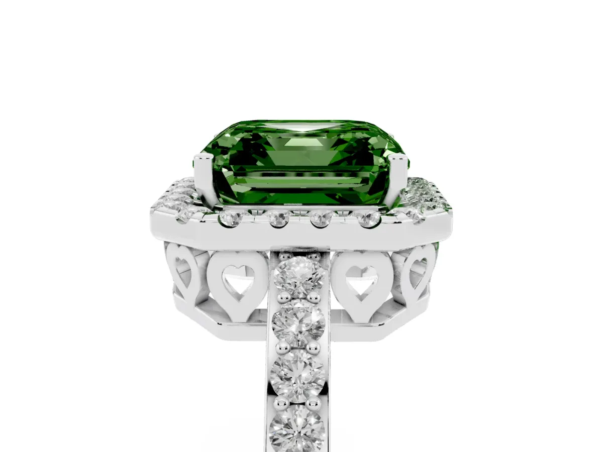 Fancy Green Asscher Cut Halo Diamond Pavé Band Ring with Prong Setting Silver