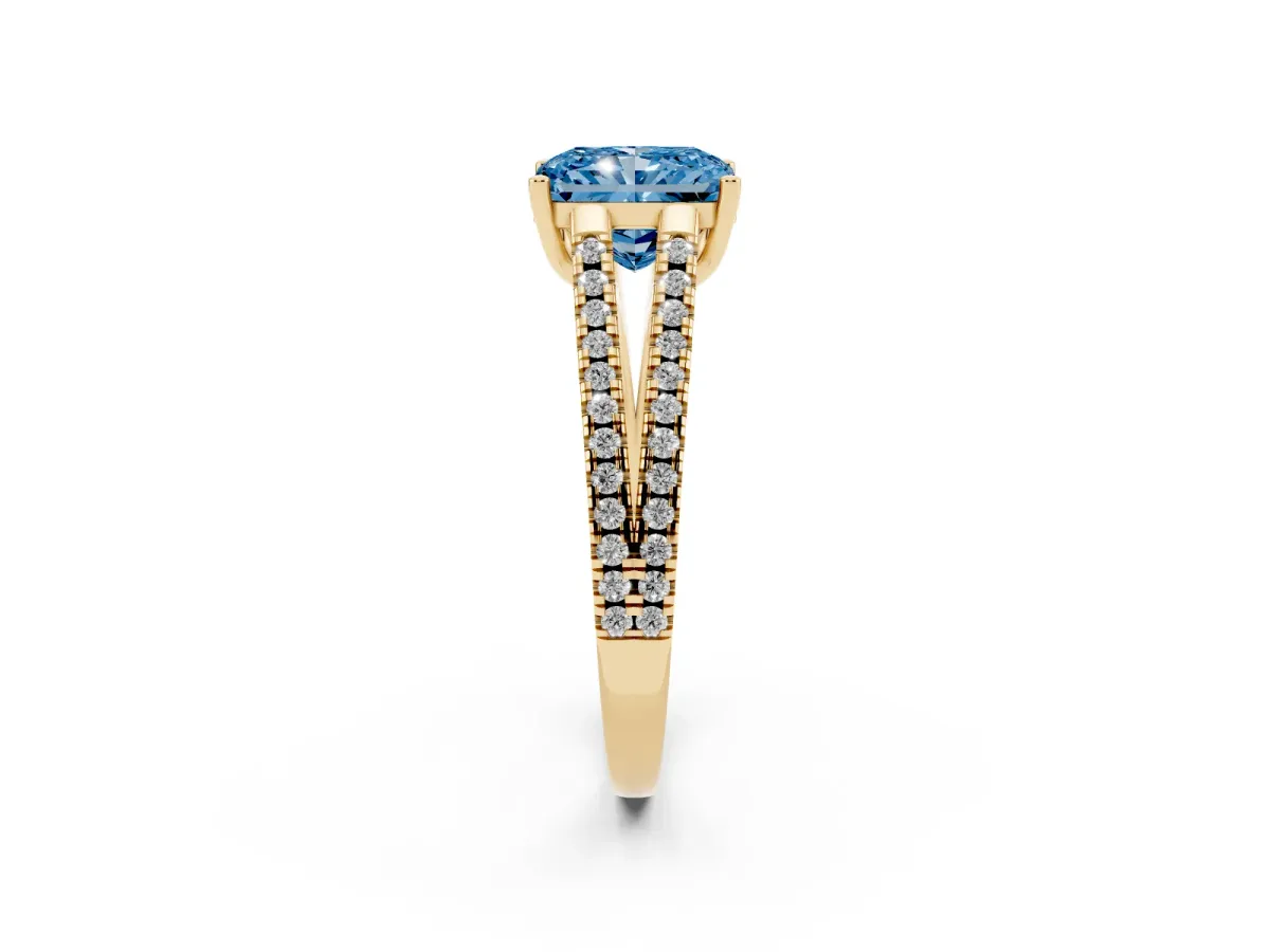 Fancy Blue Radiant Cut Diamond Solitaire Engagement Ring with Split Shank Pavé Band Yellow gold