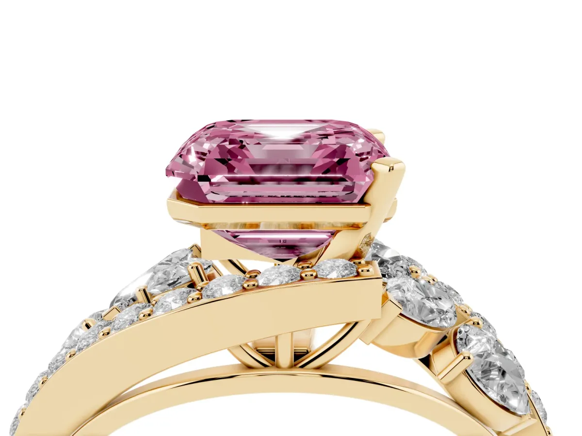 Fancy Pink Asscher Cut Diamond Halo Ring with Marquise and Pavé Band in Prong Setting Yellow gold