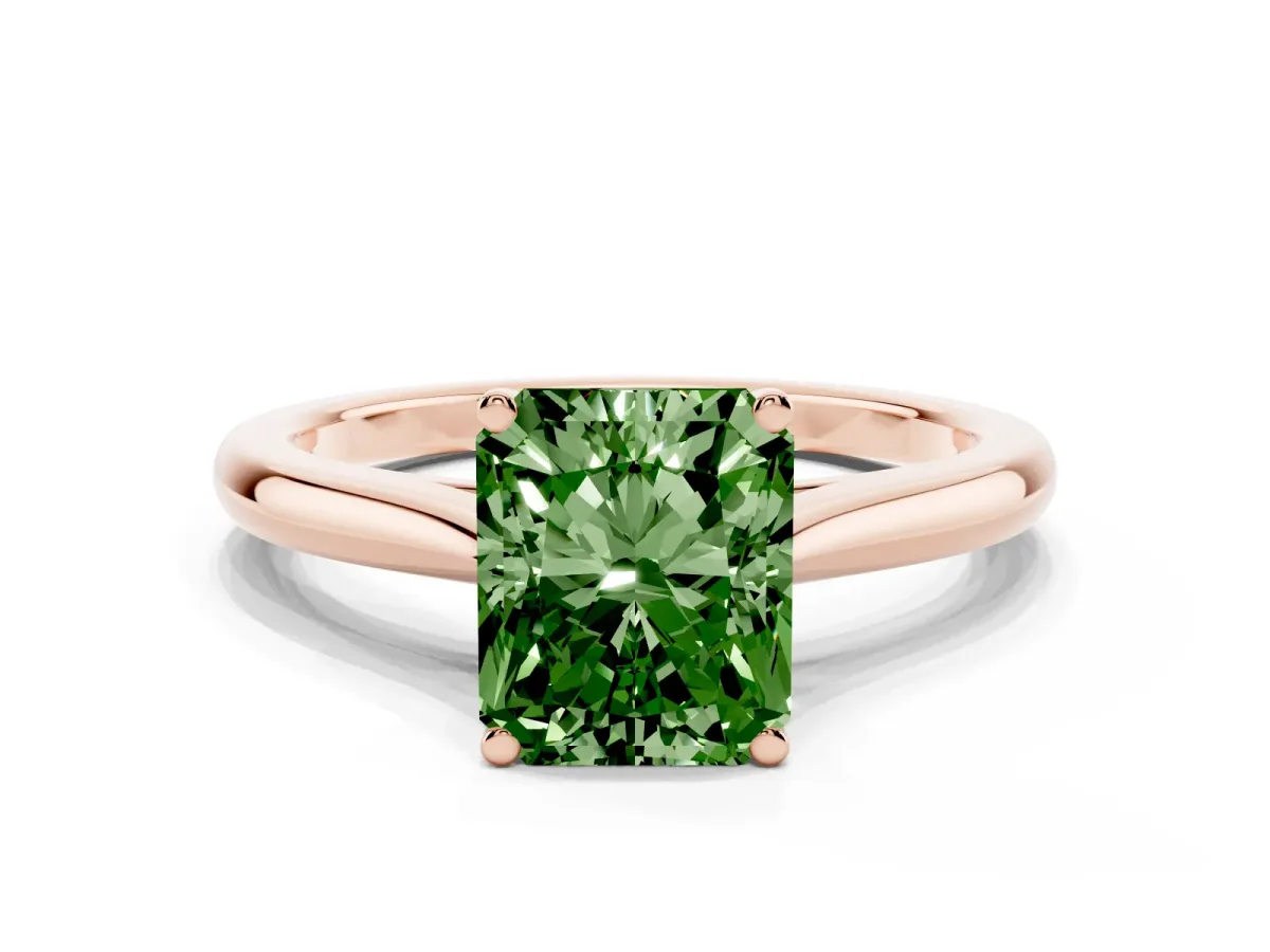 Fancy Green Radiant Cut Cut Solitaire Ring with Cathedral Band and Four-Prong Setting Rose gold