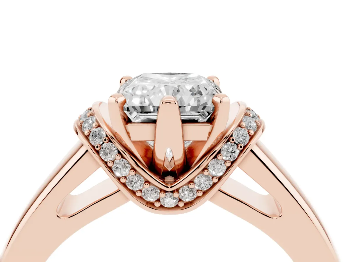 Radiant Cut Solitaire Diamond Ring with Pave Band and Six-Prong Setting Rose gold
