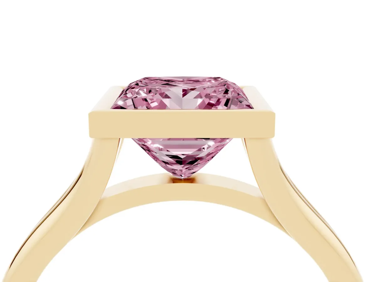 Fancy Pink Bezel Set Princess Cut Cut Solitaire Ring with Tapered Band Yellow gold