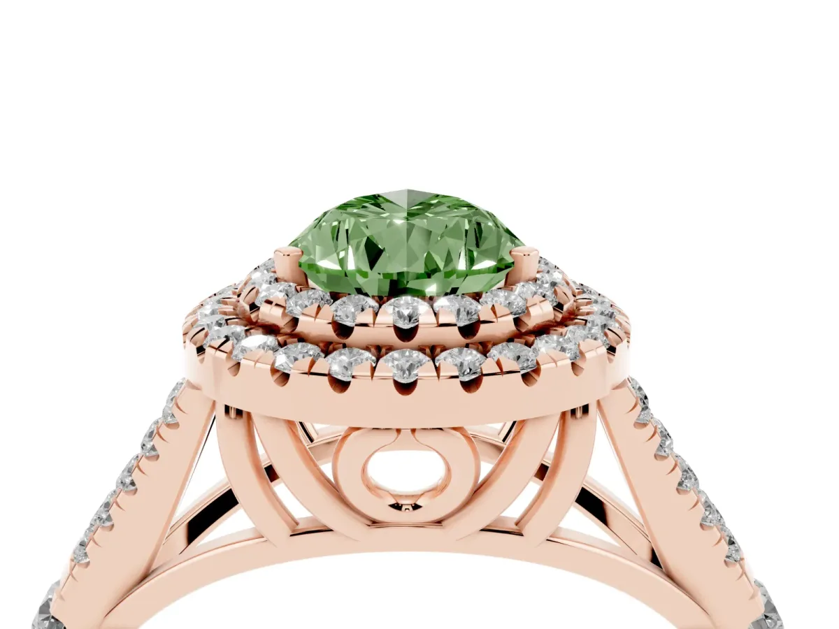 Fancy Green Pear Cut Cut Double Halo Split Shank Diamond Ring with Prong Setting Rose gold