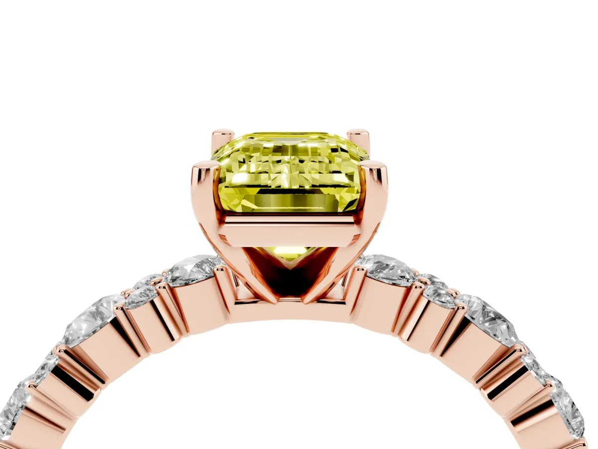 Fancy Yellow Emerald Cut Diamond Side Stone Solitaire Ring with Round and Four-Prong Setting Rose gold